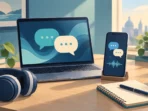 Ilustrasi latihan bahasa berbantuan teknologi Ilustrasi laptop, ponsel, dan headphone untuk latihan percakapan bahasa