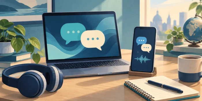 Ilustrasi latihan bahasa berbantuan teknologi Ilustrasi laptop, ponsel, dan headphone untuk latihan percakapan bahasa