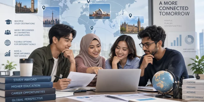 Riset IELTS 2026 tentang pengakuan tes dan pilihan studi Ilustrasi pelajar membandingkan pilihan tes IELTS dan tujuan studi internasional