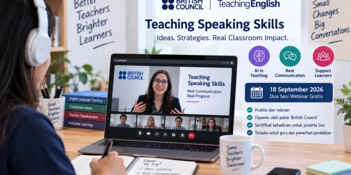 Webinar Teaching Speaking Skills British Council 2026 Ilustrasi peserta mengikuti webinar Teaching Speaking Skills tentang AI dan komunikasi bahasa Inggris