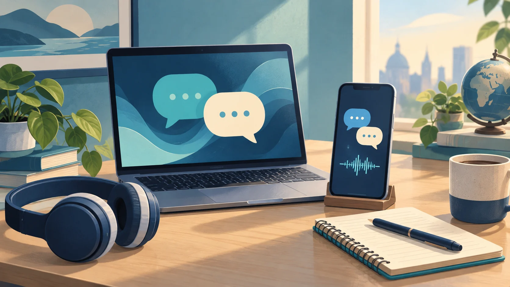 Ilustrasi Laptop, Ponsel, Dan Headphone Untuk Latihan Percakapan Bahasa