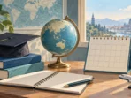 Ilustrasi perencanaan studi dan beasiswa Ilustrasi globe, kalender kosong, dan perlengkapan studi untuk perencanaan beasiswa