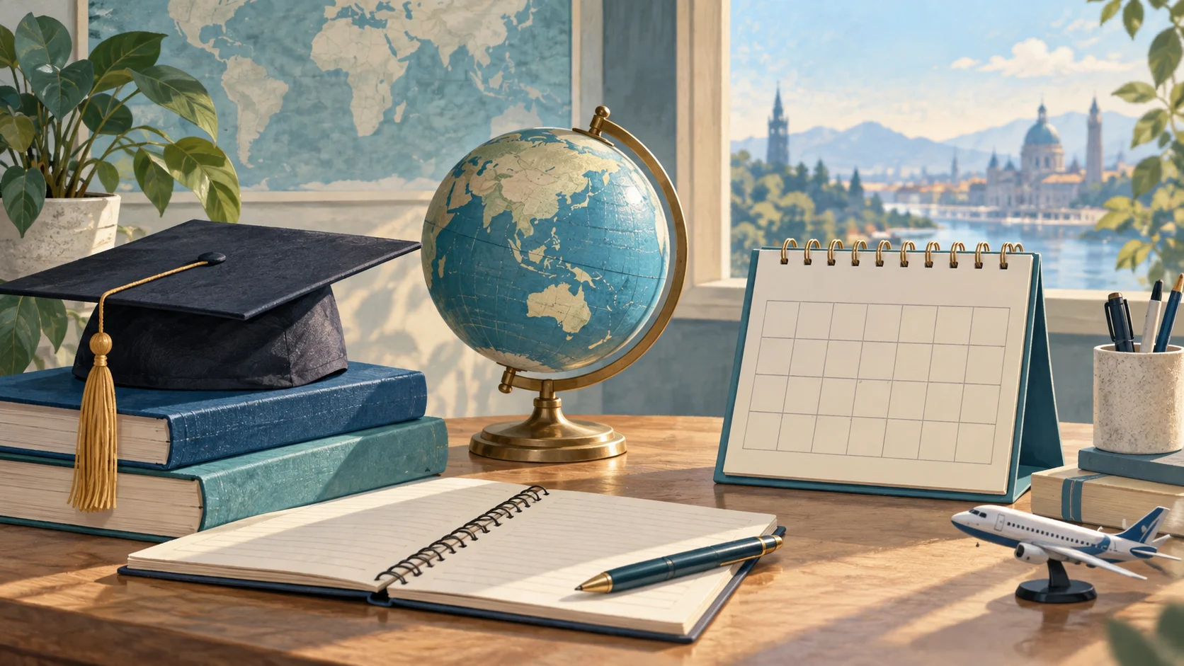 Ilustrasi Globe, Kalender Kosong, Dan Perlengkapan Studi Untuk Perencanaan Beasiswa