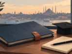 Ilustrasi dokumen beasiswa Turki Ilustrasi map dokumen dan topi wisuda dengan latar kota Istanbul