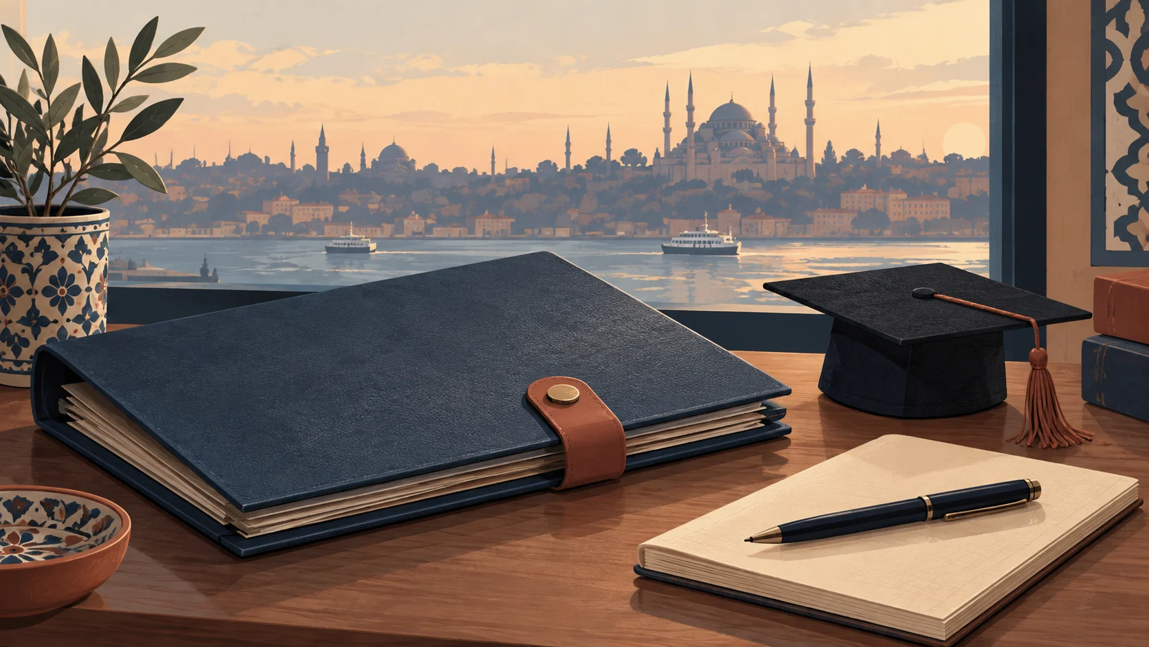 Ilustrasi Map Dokumen Dan Topi Wisuda Dengan Latar Kota Istanbul