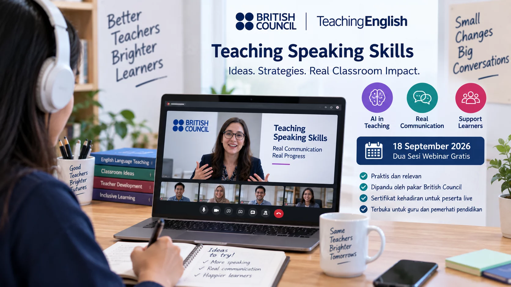 Ilustrasi peserta mengikuti webinar Teaching Speaking Skills tentang AI dan komunikasi bahasa Inggris